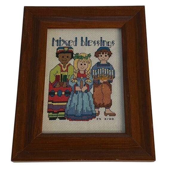 Vintage Framed Cross Stitch Mixed Blessings Cultural Diversity Holiday 9.5x7.5 - Picture 1 of 6